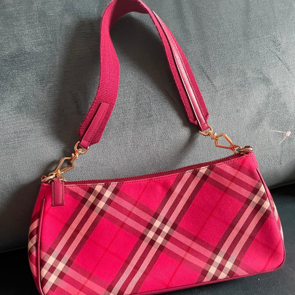 Pristine Burberry Check Shoulder Sling Bag - Fuschia